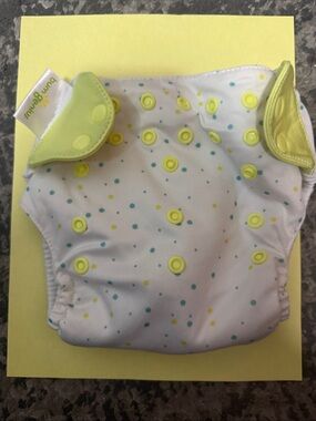 BumGenius White Diaper Cover with Yellow and Teal Dot Print